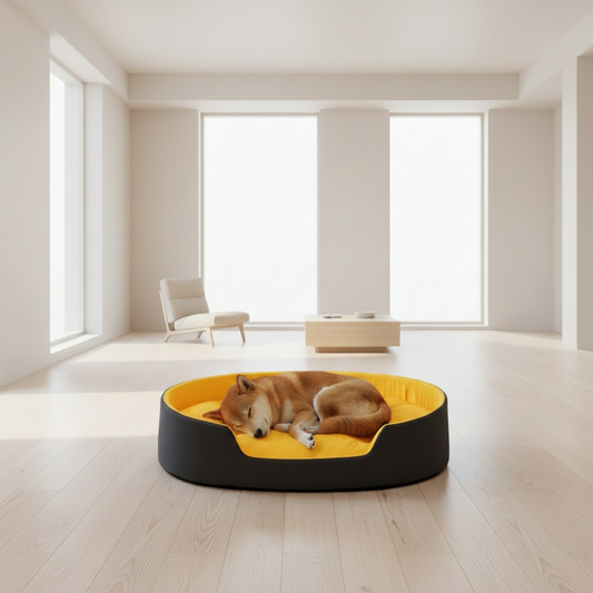 Dog lying on a large yellow pet bed with a child petting it, in a home setting.